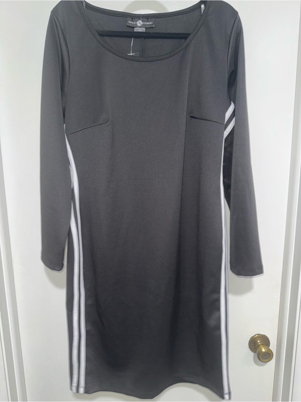 Ashley Stewart Black Long Sleeve Ponte Dress with White Side Stripes